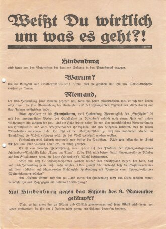 DNVP/Stahlhelm Flugblatt, "Weißt du wirklich um was es geht?", Hindenburg, Duesterberg, Hamburg, Reichspräsidentenwahl 1932, ca. DIN A4, gelocht, gefaltet, sonst guter Zustand