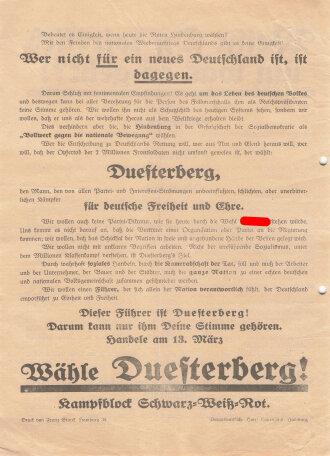 DNVP/Stahlhelm Flugblatt, "Weißt du wirklich um was es geht?", Hindenburg, Duesterberg, Hamburg, Reichspräsidentenwahl 1932, ca. DIN A4, gelocht, gefaltet, sonst guter Zustand