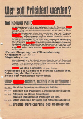 Flugblatt, "Wer soll Präsident werden?", Hindenburg, Hamburg, Reichspräsidentenwahl 1932, 2 lose Blätter, 4 Seiten, ca. DIN A4, gelocht, sonst guter Zustand