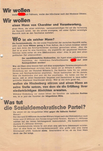 Flugblatt, "Wer soll Präsident werden?", Hindenburg, Hamburg, Reichspräsidentenwahl 1932, 2 lose Blätter, 4 Seiten, ca. DIN A4, gelocht, sonst guter Zustand