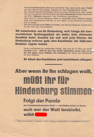 Flugblatt, "Wer soll Präsident werden?", Hindenburg, Hamburg, Reichspräsidentenwahl 1932, 2 lose Blätter, 4 Seiten, ca. DIN A4, gelocht, sonst guter Zustand