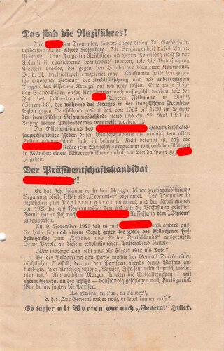 Flugblatt, "So beginnt das Drittte Reich Adolf Hitlers!", Hindenburg, Hamburg, Reichspräsidentenwahl 1932, ca. DIN A4, gelocht, sonst guter Zustand
