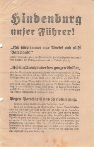 Flugblatt, "Hindenburg unser Führer!", Berlin-Charlottenburg, Reichspräsidentenwahl 1932, 2 lose Blätter, 4 Seiten, ca. DIN A5, gelocht, sonst guter Zustand