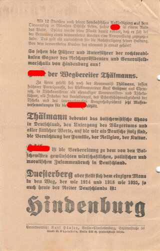 Flugblatt, "Hindenburg unser Führer!",...