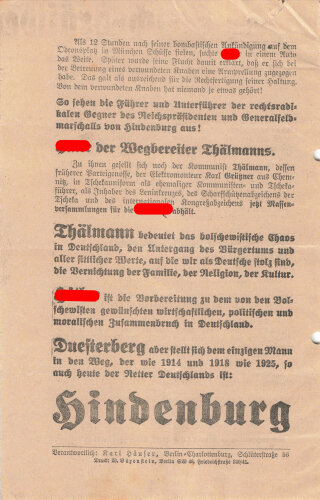 Flugblatt, "Hindenburg unser Führer!", Berlin-Charlottenburg, Reichspräsidentenwahl 1932, 2 lose Blätter, 4 Seiten, ca. DIN A5, gelocht, sonst guter Zustand