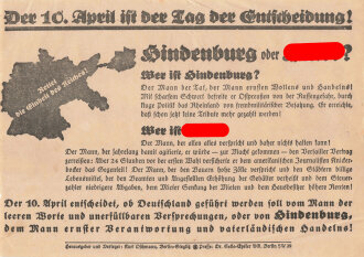 Flugblatt, "Hindenburg oder Hitler?", Berlin-Steglitz, Reichspräsidentenwahl 1932, ca. DIN A5, gelocht, sonst guter Zustand