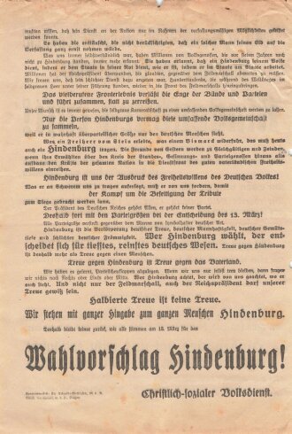 Christlich-sozialer Volksdienst, Flugblatt, "Hindenburg ruft!", Reichspräsidentenwahl 1932, ca. DIN A4, gelocht, sonst guter Zustand