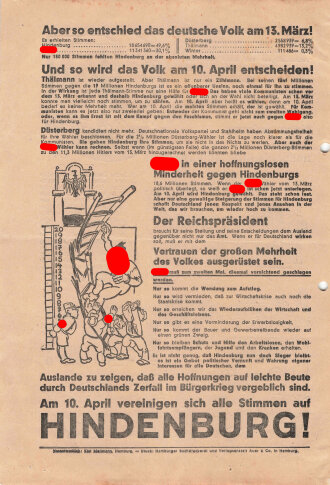 Flugblatt, "Das wollte Adolf Hitler!", Hamburg, Reichspräsidentenwahl 10. April 1932, 2 lose Blätter, 4 Seiten, ca. DIN A4, gelocht, gefaltet, sonst guter Zustand