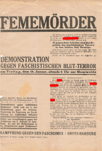 Kampfbund gegen den Faschismus Gross-Hamburg, Flugblatt, "Fememörder", ca. DIN A4, gelocht, sonst guter Zustand