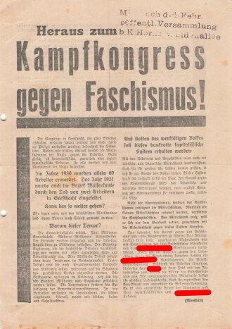 Kampfbund gegen den Faschismus, Flugblatt, "Kampfkongress gegen den Faschismus", Hamburg, 1932, ca. DIN A4, gelocht, gefaltet, sonst guter Zustand