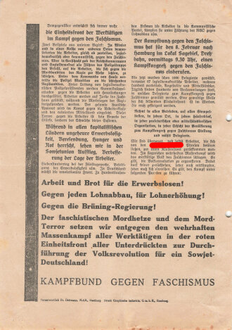 Kampfbund gegen den Faschismus, Flugblatt, "Kampfkongress gegen den Faschismus", Hamburg, 1932, ca. DIN A4, gelocht, gefaltet, sonst guter Zustand