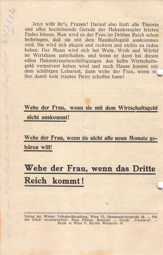 Flugblatt/Broschüre, "100.000 Kinder auf einen Hieb - Die Frau als Zuchtstute im Dritten Reich", 6 lose Blätter, 11 Seiten, ca. DIN A5, gelocht, sonst guter Zustand