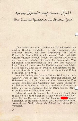 Flugblatt/Broschüre, "100.000 Kinder auf einen Hieb - Die Frau als Zuchtstute im Dritten Reich", 6 lose Blätter, 11 Seiten, ca. DIN A5, gelocht, sonst guter Zustand