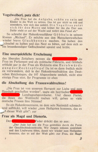 Flugblatt/Broschüre, "100.000 Kinder auf einen Hieb - Die Frau als Zuchtstute im Dritten Reich", 6 lose Blätter, 11 Seiten, ca. DIN A5, gelocht, sonst guter Zustand