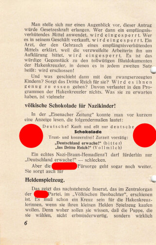 Flugblatt/Broschüre, "100.000 Kinder auf einen Hieb - Die Frau als Zuchtstute im Dritten Reich", 6 lose Blätter, 11 Seiten, ca. DIN A5, gelocht, sonst guter Zustand