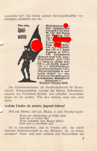 Flugblatt/Broschüre, "100.000 Kinder auf einen Hieb - Die Frau als Zuchtstute im Dritten Reich", 6 lose Blätter, 11 Seiten, ca. DIN A5, gelocht, sonst guter Zustand