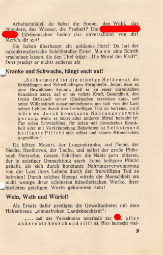 Flugblatt/Broschüre, "100.000 Kinder auf einen Hieb - Die Frau als Zuchtstute im Dritten Reich", 6 lose Blätter, 11 Seiten, ca. DIN A5, gelocht, sonst guter Zustand