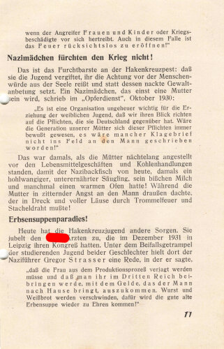 Flugblatt/Broschüre, "100.000 Kinder auf einen Hieb - Die Frau als Zuchtstute im Dritten Reich", 6 lose Blätter, 11 Seiten, ca. DIN A5, gelocht, sonst guter Zustand