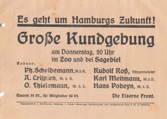 Eiserne Front, Flugblatt, "Es geht um Hamburgs Zukunft", ca. DIN A5, gelocht, leicht verschlissen
