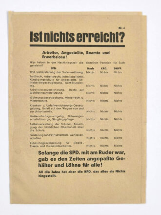 SPD, 6 zusammengeklebte Flugblätter zur Reichstagswahl im November 1932, Hamburg, ca. DIN A5, gelocht, leicht wellig, sonst guter Zustand