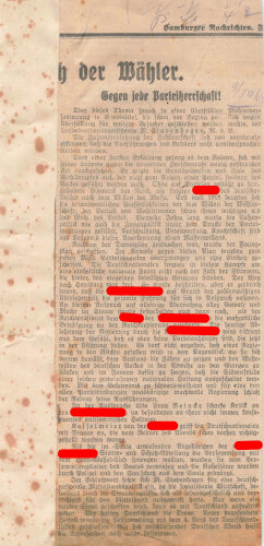 Zeitungsausschnitt als Flugblatt, "Gegen jede Parteiherrschaft!", Hamburger Nachrichten, 28. Oktober 1932, ca. DIN 5, geklebt, fleckig