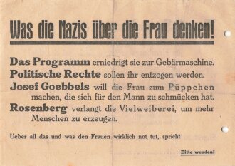 Flugblatt, "Was die Nazis über die Frau denken!", Hamburg, 19. Februar 1931, ca. DIN 5, gelocht, guter Zustand