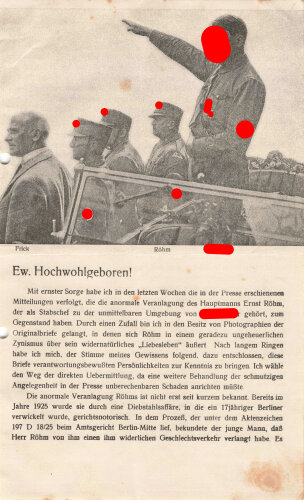 Flugblatt, "Die anormale Veranlagung des Hauptmanns Ernst Röhm", Briefe von Ernst Röhm abgedruckt, hrsg. v. Dr. Helmuth Klotz, Berlin-Tempelhof, März 1932, 8 lose Blätter, ca. DIN 5, gelocht, leicht fleckig, sonst guter Zustand