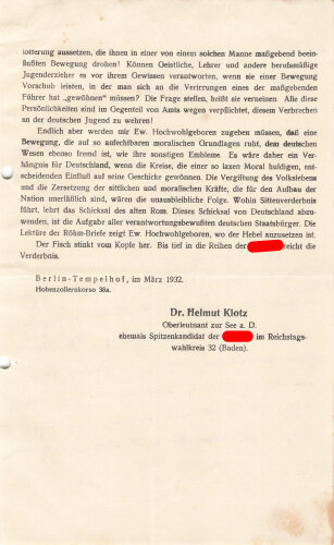 Flugblatt, "Die anormale Veranlagung des Hauptmanns Ernst Röhm", Briefe von Ernst Röhm abgedruckt, hrsg. v. Dr. Helmuth Klotz, Berlin-Tempelhof, März 1932, 8 lose Blätter, ca. DIN 5, gelocht, leicht fleckig, sonst guter Zustand