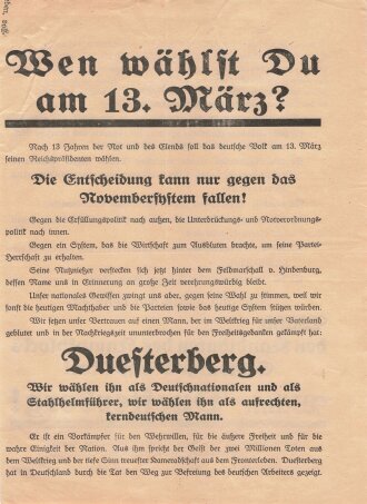 DNVP/Stahlhelm Flugblatt, "Wen wählst du am 13. März?", Duesterberg, Hamburg, Reichspräsidentenwahl 1932, ca. DIN A4,  gefaltet, sonst guter Zustand