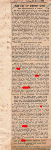 Zeitungsausschnitt als Flugblatt, "Der Tag der Eisernen Front", Hamburger, 15. Januar 1932, ca. DIN 5, geklebt, fleckig