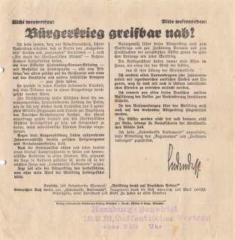 Ludendorff Flugblatt, "Bürgerkrieg greifbar nah!", München/Hamburg, ca. DIN A5, gelocht, sonst guter Zustand