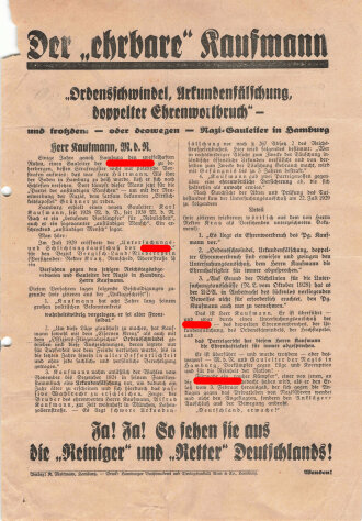 SPD Flugblatt "Der ehrbare Kaufmann", Hamburg, ca. DIN A4, gelocht, sonst guter Zustand