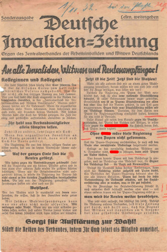 Flugblatt "An alle Invaliden, Witwen und Rentenempfänger!", Sonderdruck der Deutschen Invaliden-Zeitung 1932, ca. DIN A4, gelocht, handschriftl. Notizen