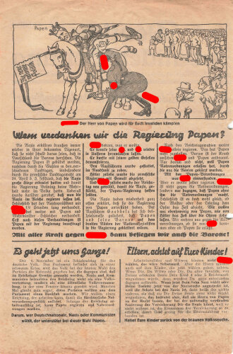 Flugblatt "An alle Invaliden, Witwen und Rentenempfänger!", Sonderdruck der Deutschen Invaliden-Zeitung 1932, ca. DIN A4, gelocht, handschriftl. Notizen