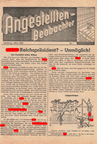 Flugblatt "Hitler Reichspräsident? - Unmöglich!", Angestellten-Beobachter, Nr.1, Hamburg, März 1932, Reichspräsidentenwahl 1932, 2 lose Blätter, 4 Seiten, ca. DIN A4, gelocht, geklebt