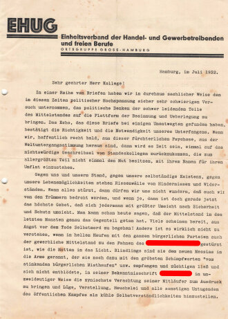 Flugblatt, "Sehr geehrter Kollege", EHUG Einheitsverband der Handel- und Gewerbetreibenden und freien Berufe, Ortsgruppe Gross-Hamburg, 1932,  ca. DIN A4, gelocht, gefaltet, sonst guter Zustand