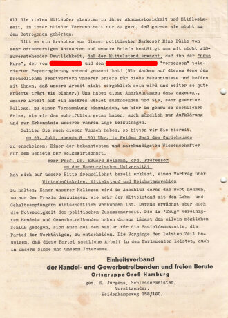 Flugblatt, "Sehr geehrter Kollege", EHUG Einheitsverband der Handel- und Gewerbetreibenden und freien Berufe, Ortsgruppe Gross-Hamburg, 1932,  ca. DIN A4, gelocht, gefaltet, sonst guter Zustand