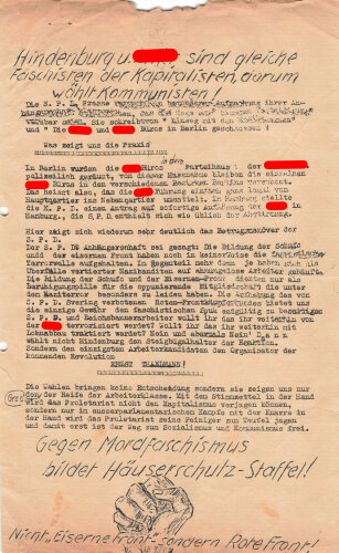 KPD/Rot Front, Flugblatt "Gegen Mordfaschismus bildet Häuserschutz-Staffel!", ca. DIN A4, gelocht, leicht verschlissen