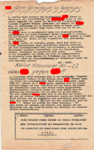 KPD/Rot Front, Flugblatt "SA-Führer Böckenhauer im Adlerhotel!", Hamburg ca. DIN A4, gelocht, leicht verschlissen