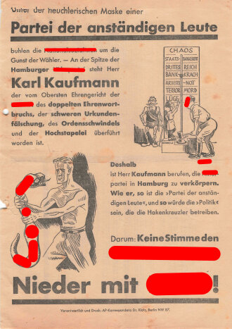 Flugblatt "Nieder mit Hitler!", Berlin/Hamburg, ca. DIN A4, gelocht, gefaltet, leicht verschlissen