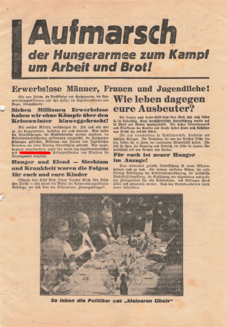 KPD/Reichsausschuß der Erwerbslosen, Flugblatt "Aufmarsch der Hungerarmee", Berlin, ca. DIN A4, gelocht, gefaltet, sonst guter Zustand