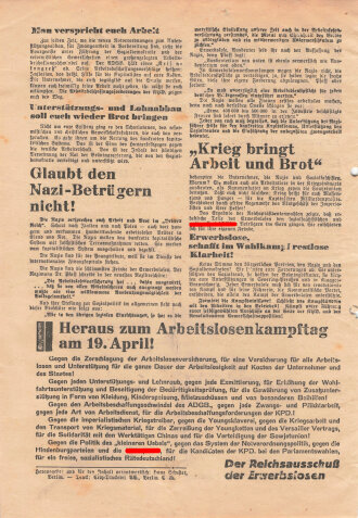 KPD/Reichsausschuß der Erwerbslosen, Flugblatt "Aufmarsch der Hungerarmee", Berlin, ca. DIN A4, gelocht, gefaltet, sonst guter Zustand