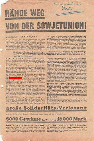 KPD, Flugblatt "Hände weg von der Sowjetunion", Berlin, ca. DIN A4, gelocht, leicht verschlissen