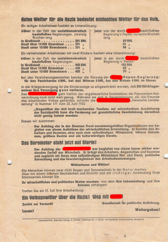 Gesellschaft für politische Aufklärung, Flugblatt "Achten Sie auf das Barometer!", Hamburg, Reichstagswahl Juli 1932, ca. DIN A4, gelocht, sonst guter Zustand