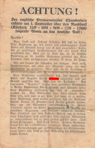 Großbritannien 2. Weltkrieg, "Achtung!", Flugblatt 280, Einsatzzeit 1939-1943, verschlissen