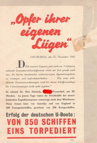 Großbritannien 2. Weltkrieg, "Opfer ihrer eigenen Lügen", Flugblatt G.63, Einsatzzeit 1942, verschlissen, geklebt