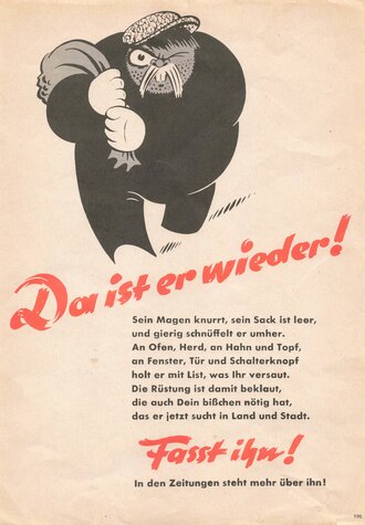 Flugblatt "Kohlenklau","Da ist er wieder! Fasst ihn!", Reichsministerium für Propaganda, Nr. 120, Bremen, 1942, ca. DIN A4, guter Zustand