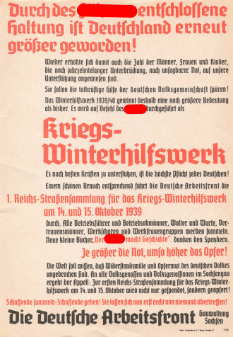 WHW DAF Flugblatt, "Durch des Führers entschlossene Haltung ist Deutschland erneut größer geworden!", Nr. 118,  Dresden, DAF Gauwaltung Sachsen, 1939, ca. DIN A4, guter Zustand