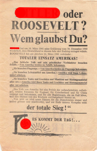 Großbritannien 2. Weltkrieg, "Hitler oder Roosevelt? Wem glaubst Du?", Flugblatt 494, Einsatzzeit 1939-1941, guter Zustand