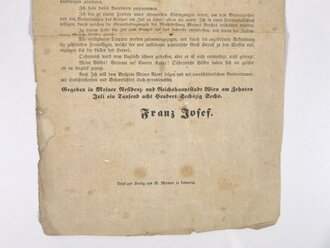 Deutsch-deutscher Krieg 1866, Österreich-Ungarn, Flugblatt/Wandanschlag, Franz Joseph I, "Kaiserliches Manifest - An meine Völker!, 10. Juli 1866, 38 x 23 cm, fleckig, verschlissen